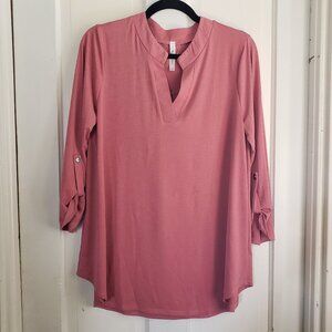 Everyday V-Neck Roll-Sleeve Blouse in Dusty Rose